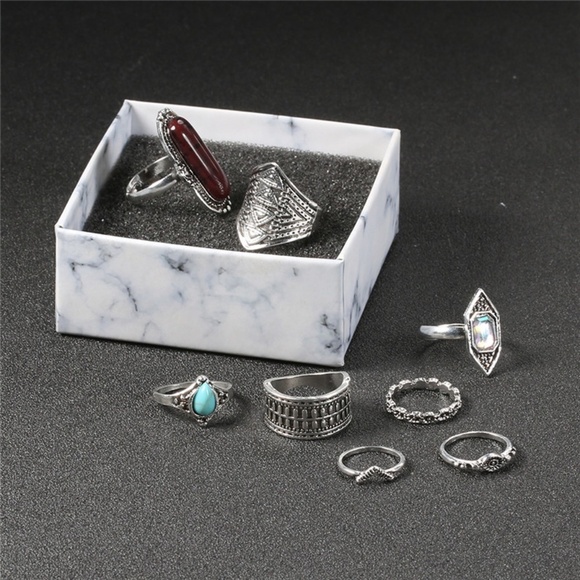 **CAMILLA* 8-Pc Silver x Turquoise Fashion Ring Set - Picture 4 of 6
